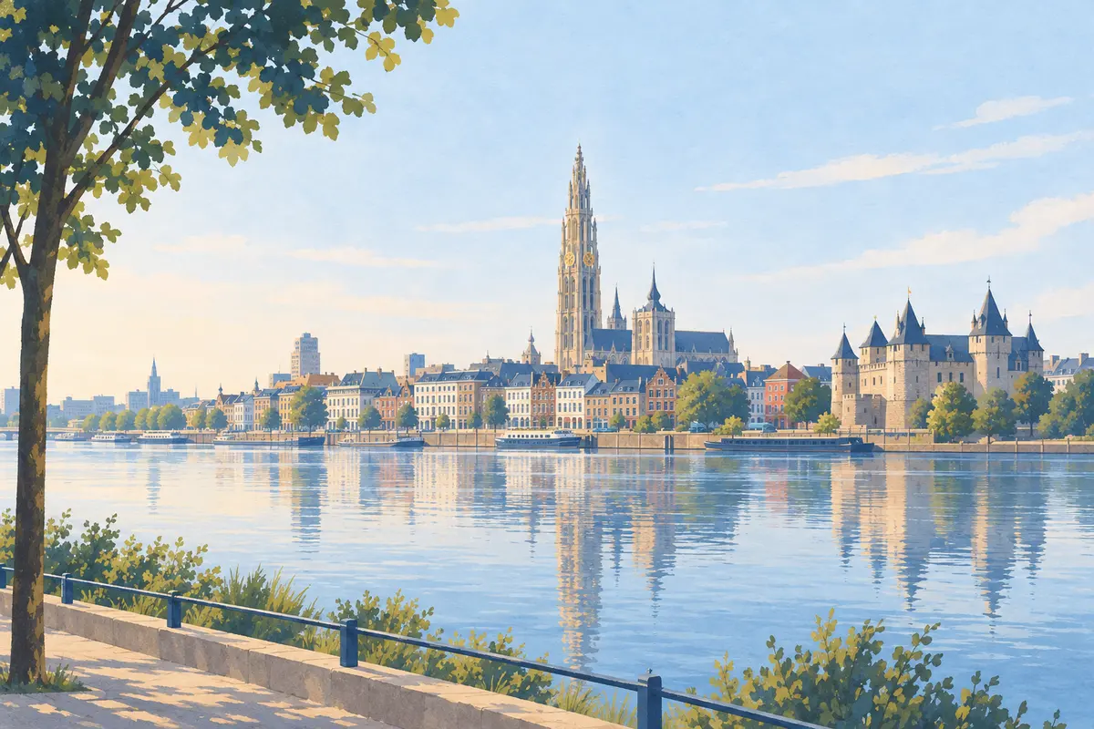 Illustratie: zicht vanaf Linkeroever over de Schelde op de skyline van Antwerpen
